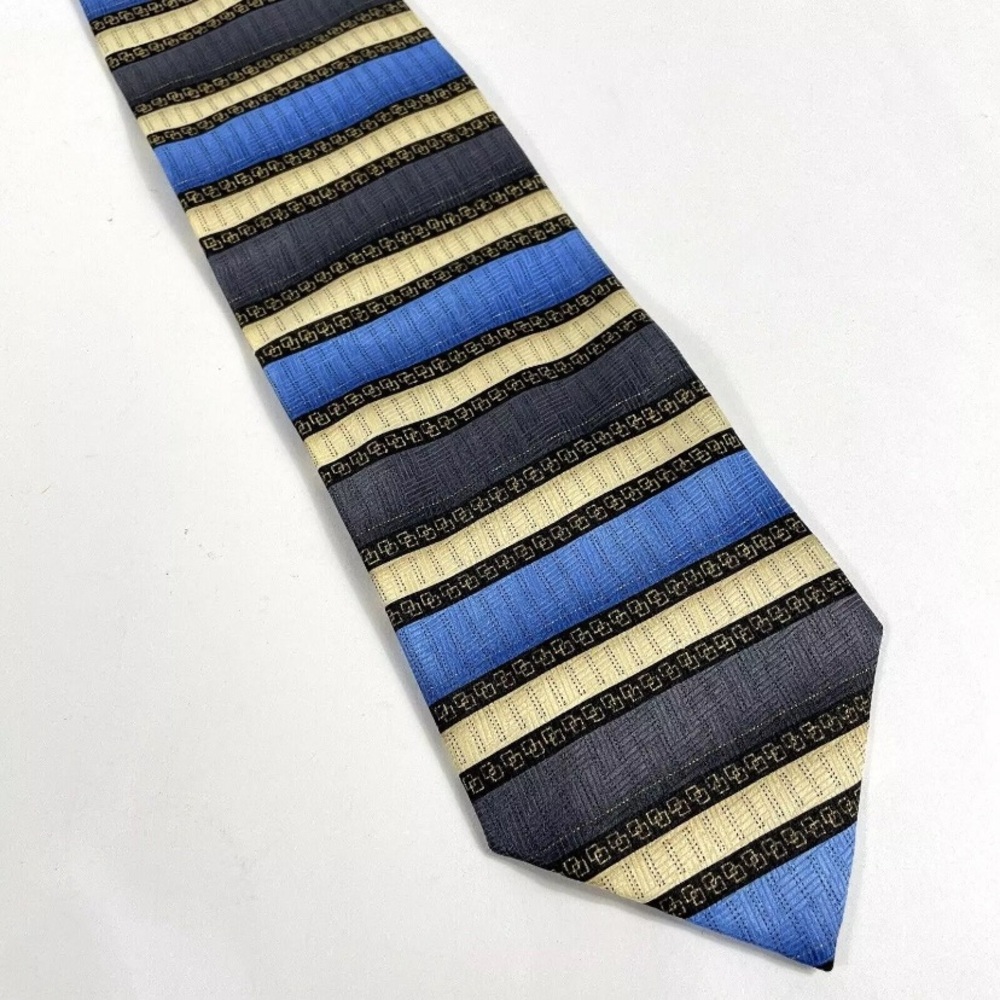 Renzo Men's Classic Necktie 64" Polyester Blue & Gold Stripe Hand Made Tie
